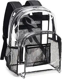 Vorspack Clear Backpack Heavy Duty PVC Transparent Backpack with Reinforced Strap Stitches & Large Capacity for College Workplace Security - Black