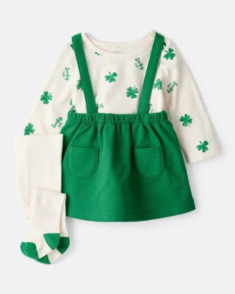 Baby Girl St. Patrick's Day 3-Piece Shamrock Long-Sleeve Top & Skirt Set - Green