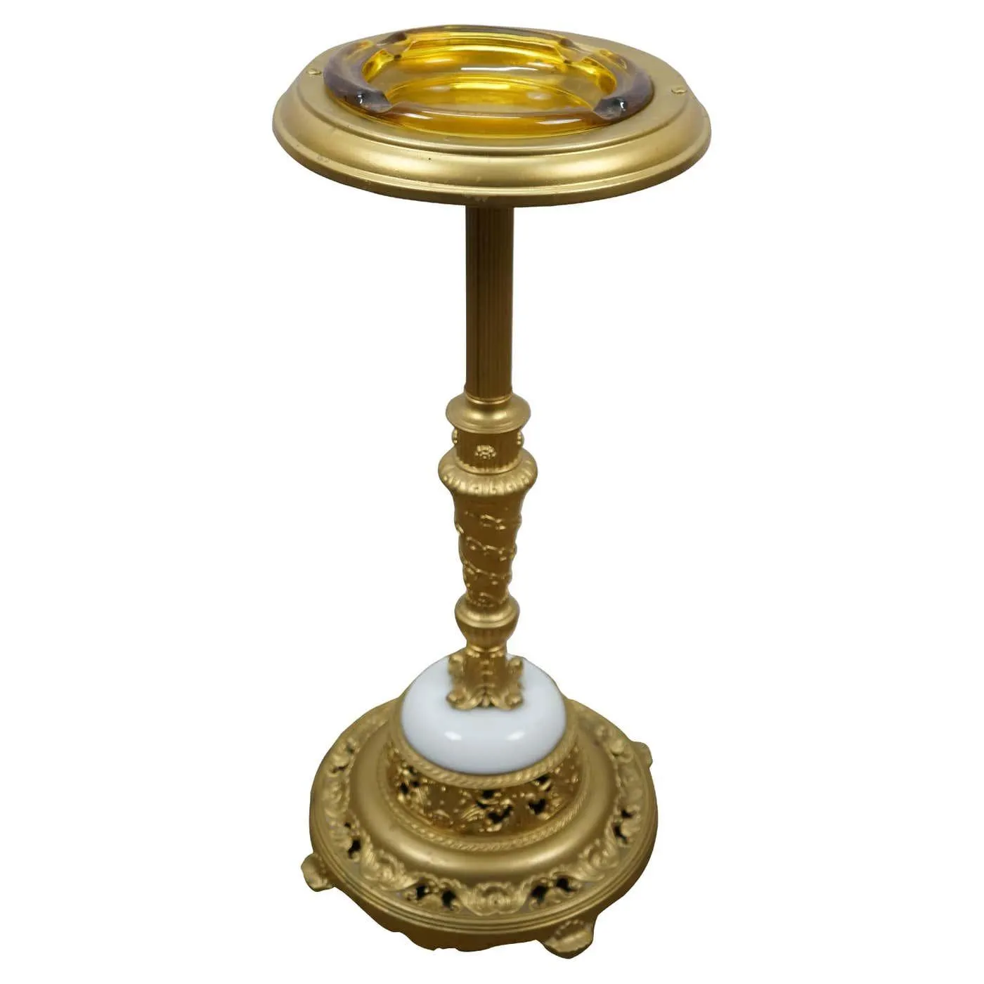 Gilt Brass Marble Amber Glass Smoking Stand Cigar Cigarette Floor Ashtray 25"