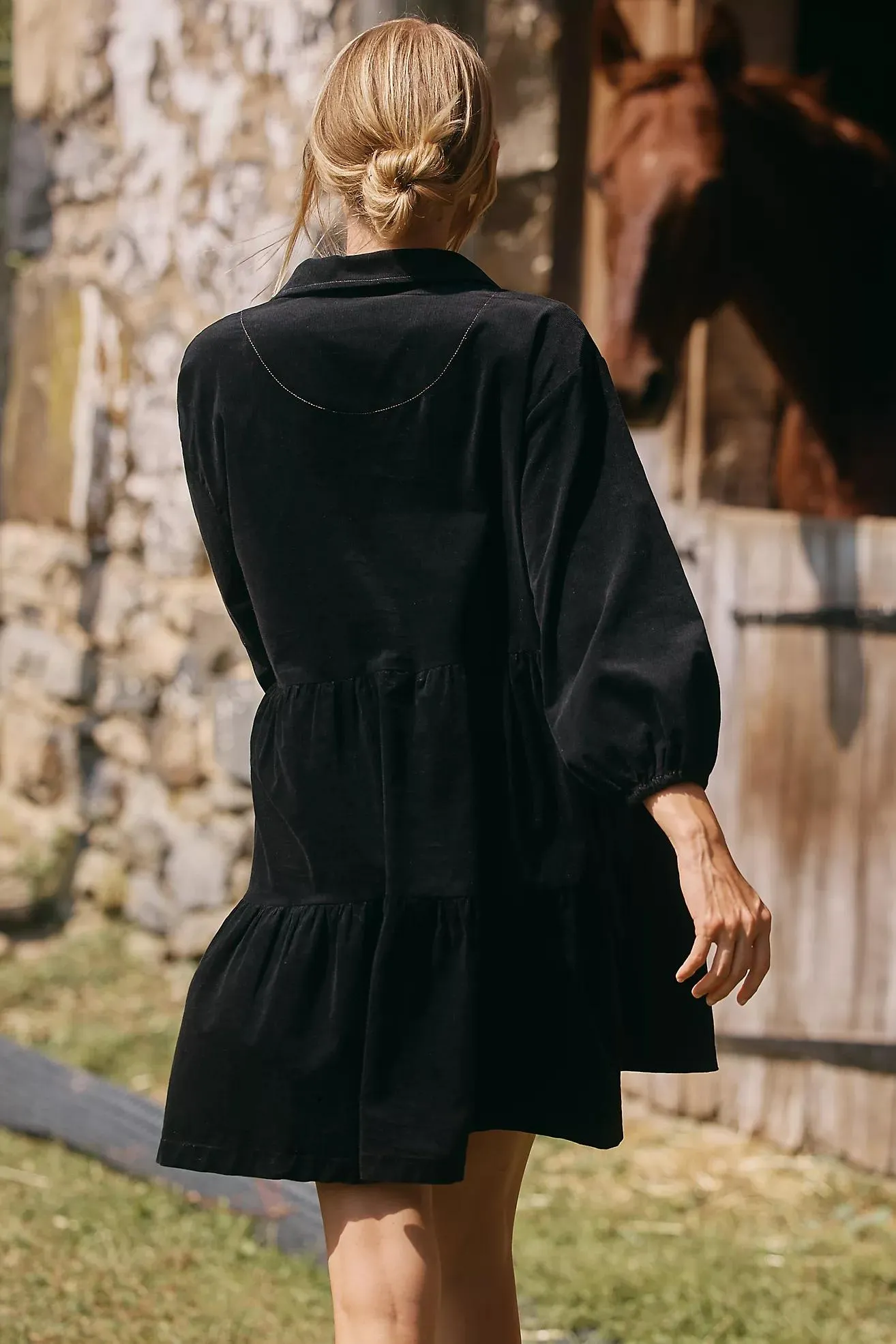 The Bettina Corduroy Tiered Mini Shirt Dress by Maeve
