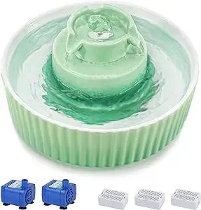Ceramic Cat Water Fountain, 2.1L/71oz Cat Fountain with 3 Carbon Filters and 2 Water Pumps, Cupcake Pet Water Fountain for Cats and Dogs (Green)