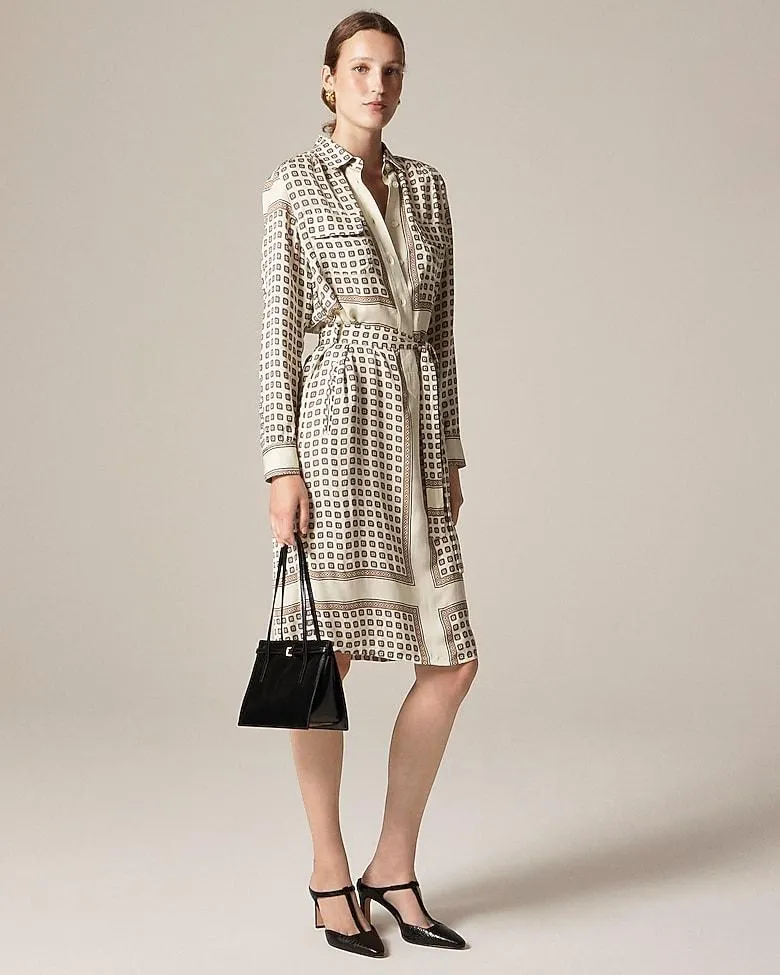 Tie-waist shirt-dress in foulard print