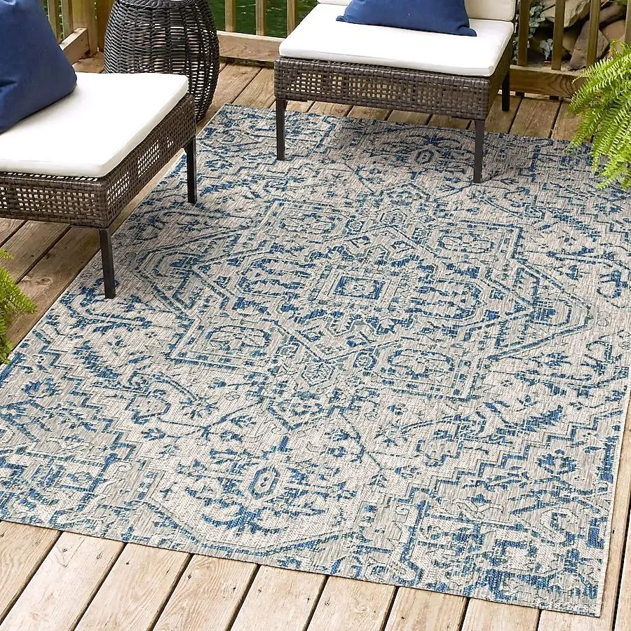 JONATHAN Y Santa Monica Estrella Textured Weave 8 x 10 (ft) Loomed Polypropylene Navy/Gray Rectangular Indoor/Outdoor Border Coastal Area rug