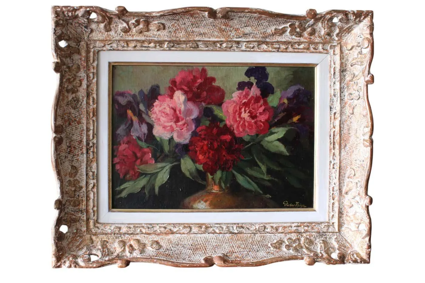 Antique Floral Oil Painting Roses & Irises Framed Still Life by Victor These