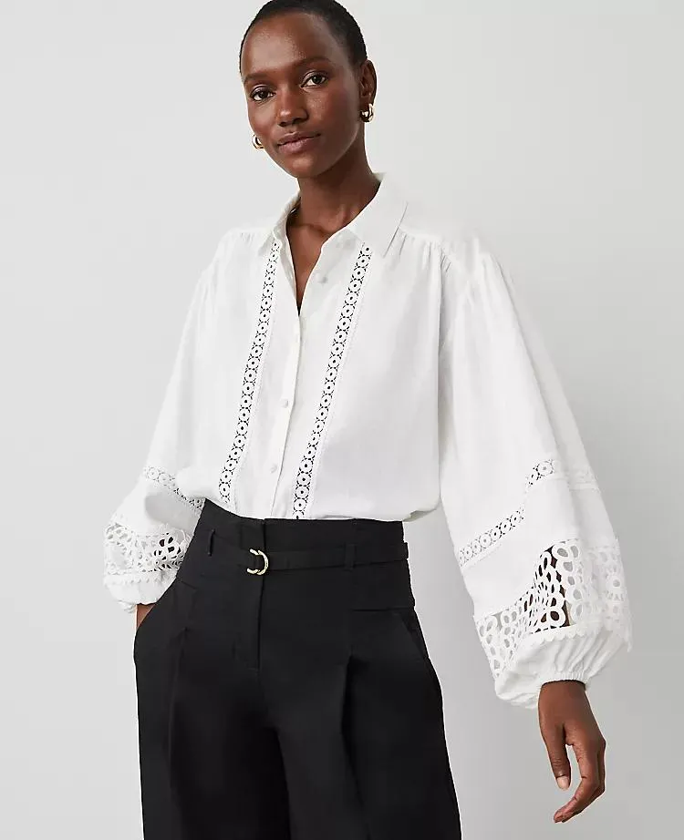 Embroidered Linen-Blend Puff Sleeve Blouse