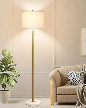 【Upgraded】Dimmable Gold Floor Lamps for Living Room, 11W LED Bulb Included, Modern Standing Lamp with Marble Base, Tall Pole Light with White Linen Shade for Bedroom Reading Office Corner Nursery