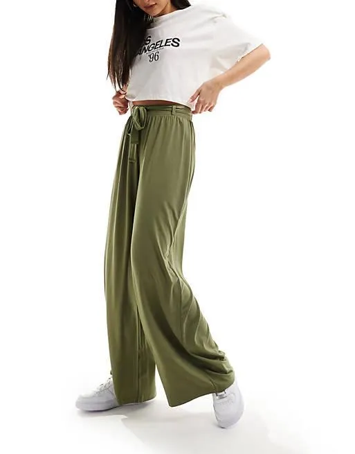 ASOS DESIGN tie belt wide leg pants in olive