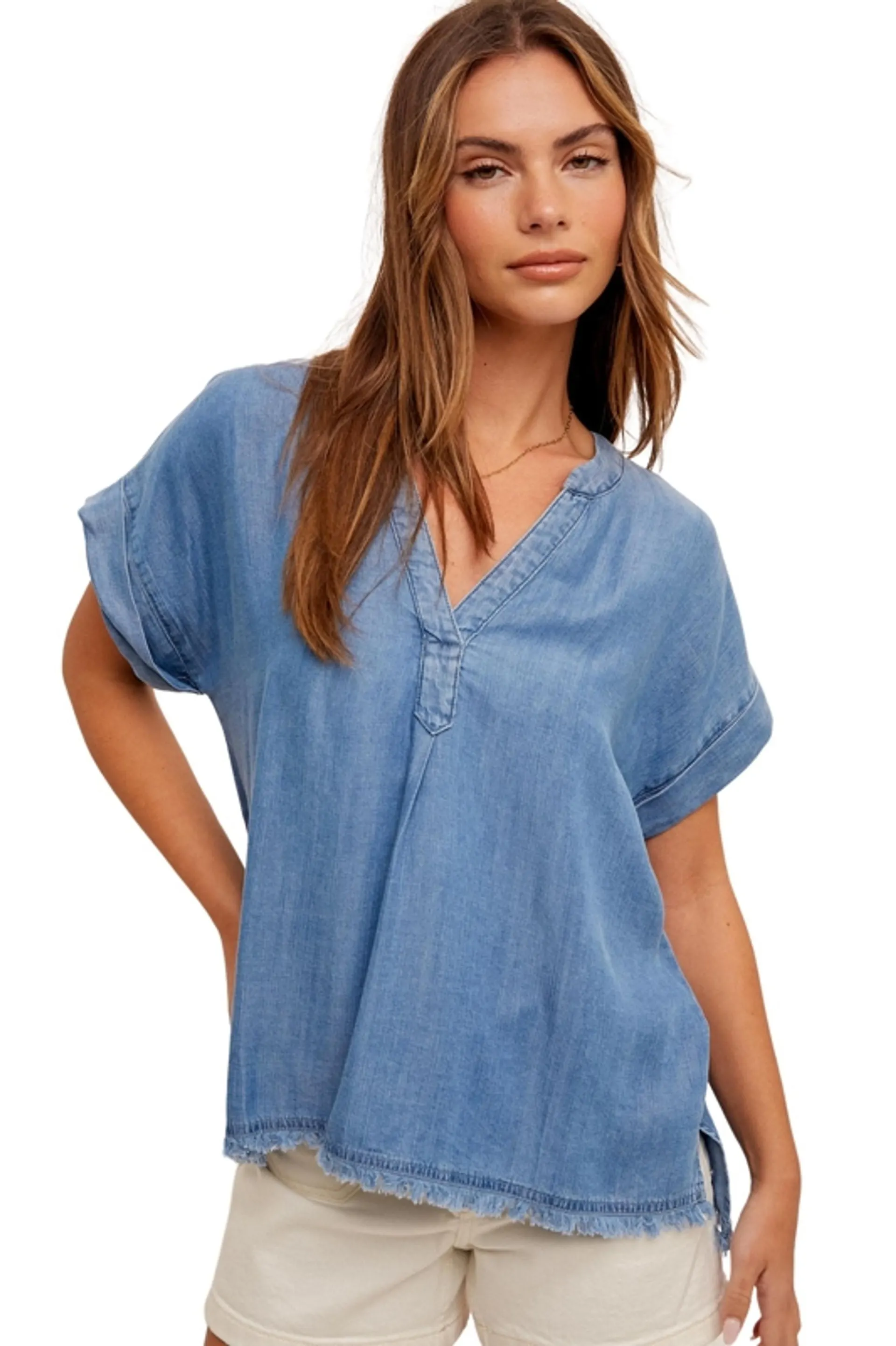 West & Wild Womens Denim V-Neck Short Sleeve Shirt
