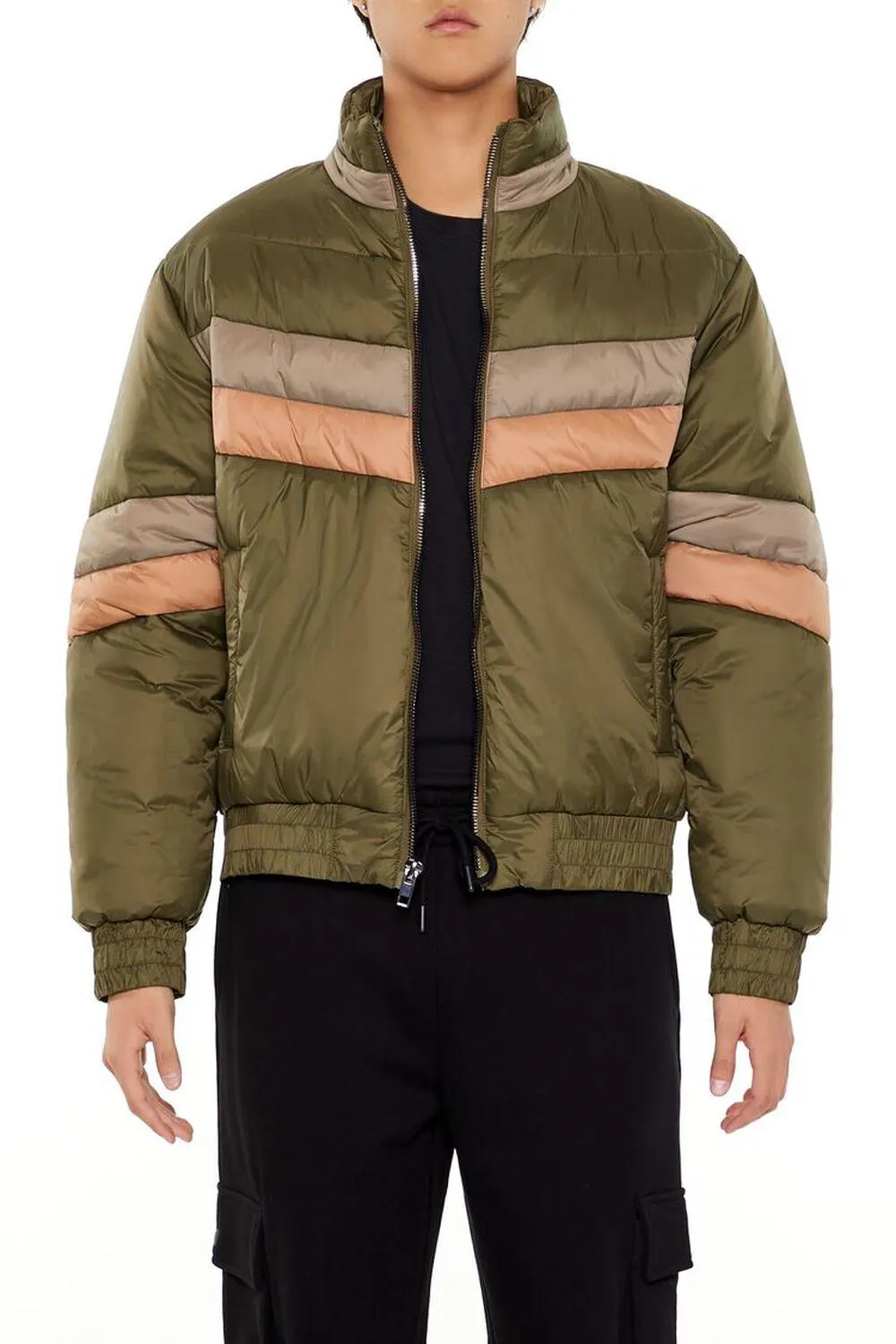 Colorblock Funnel Neck Puffer Jacket
