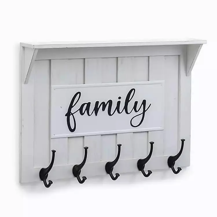 White Shiplap Family Wall Shelf with Hooks