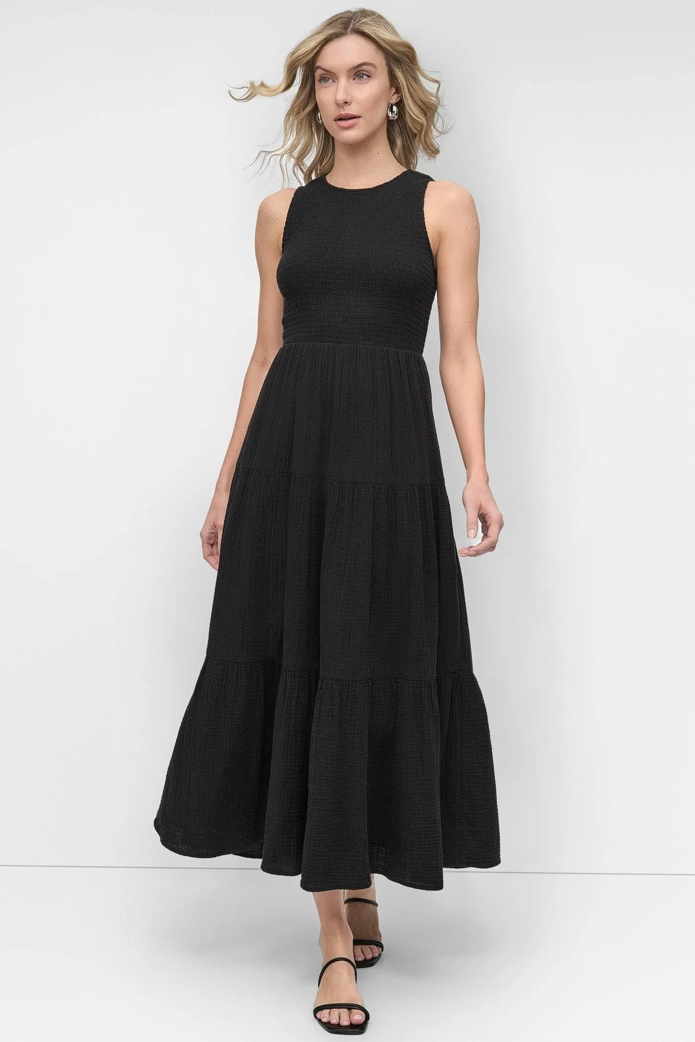 GAUZE TIERED SMOCKED DRESS