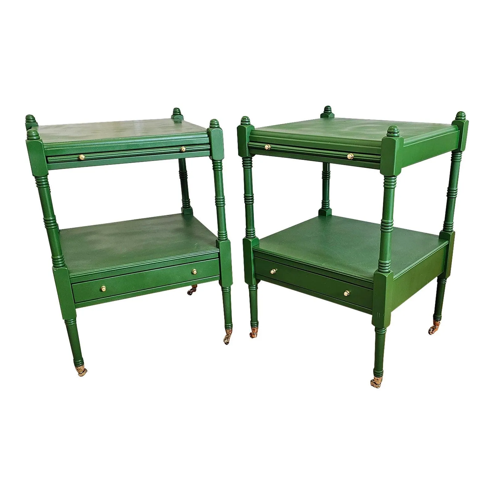 Regency Style Chinoiserie Green and Brass Tiered Drawer Side Tables - a Pair