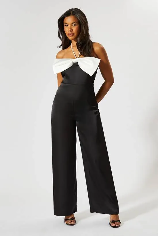 Contrast Bow Halterneck Jumpsuit