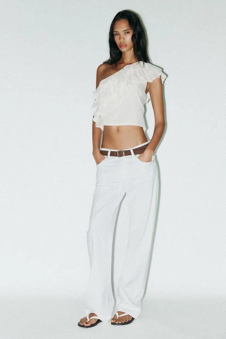 ASYMMETRIC RUFFLED GAUZE TOP