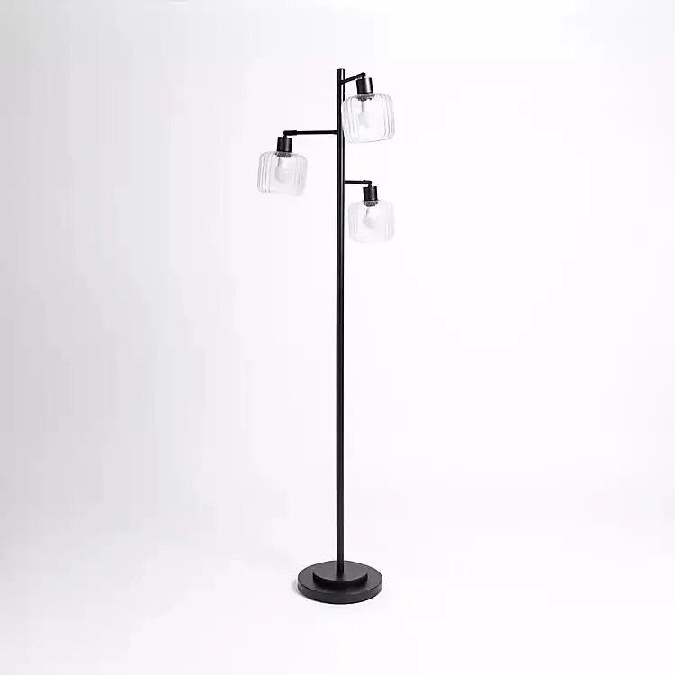 Ribbed Glass 3-Arm Black Metal Floor Lamp