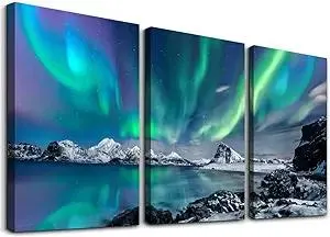 Farmhouse Canvas Wall Art for Bedroom, Living Room, Office - Aurora Scenery Painting on Stretched and Framed Pictures - 3 Piece Ready to Hang for Bathroom Home Decor