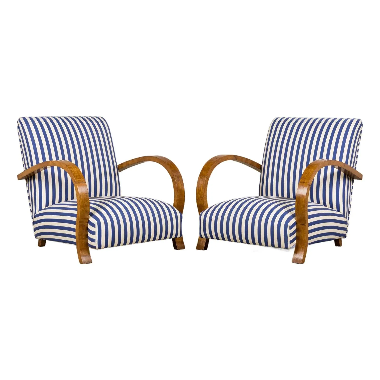 1930s French Art Deco Walnut Bridge Arm Lounge Chairs in Blue Stripe - A Pair
