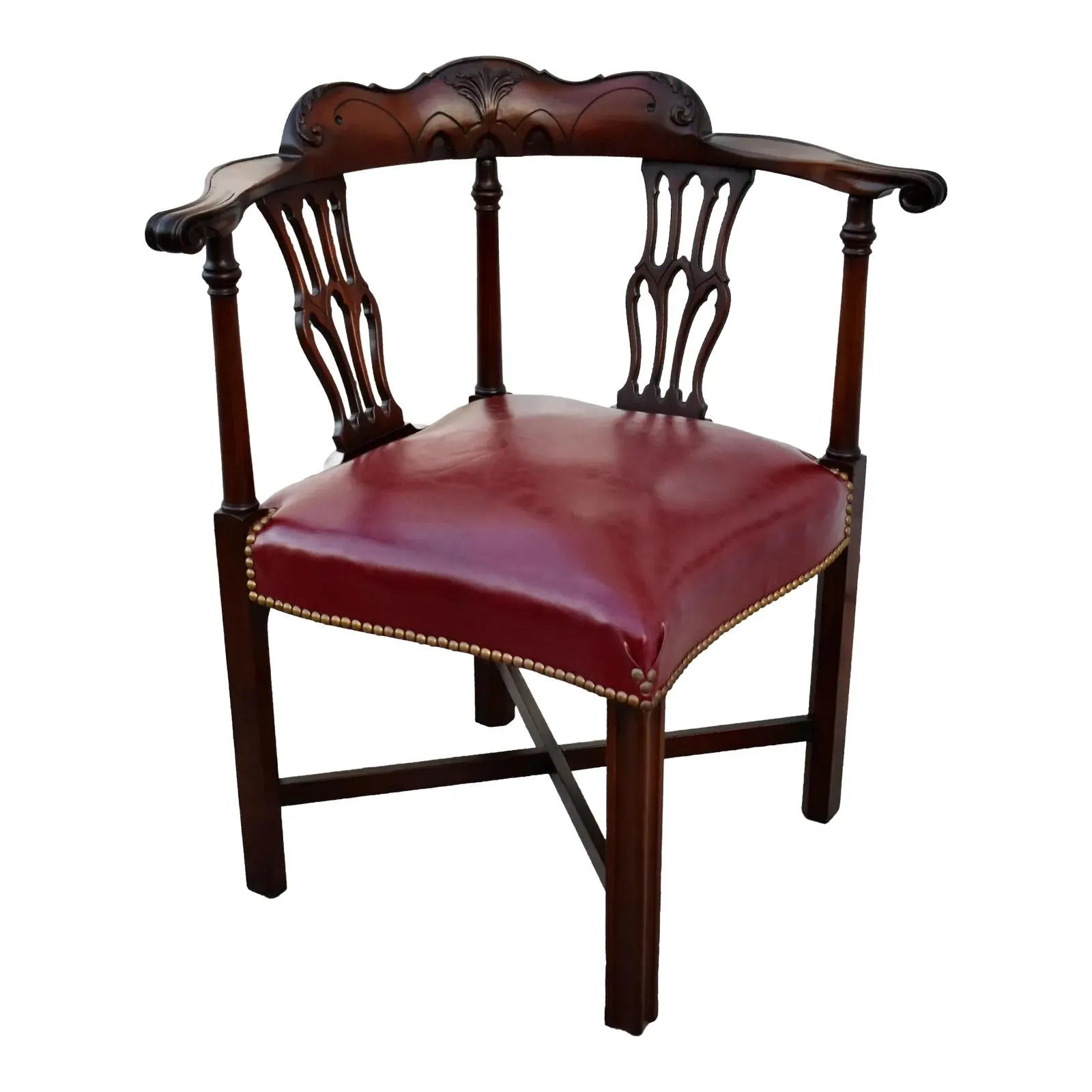 Antique Carved Mahogany Chippendale Style Corner Chair W/Leather Seat