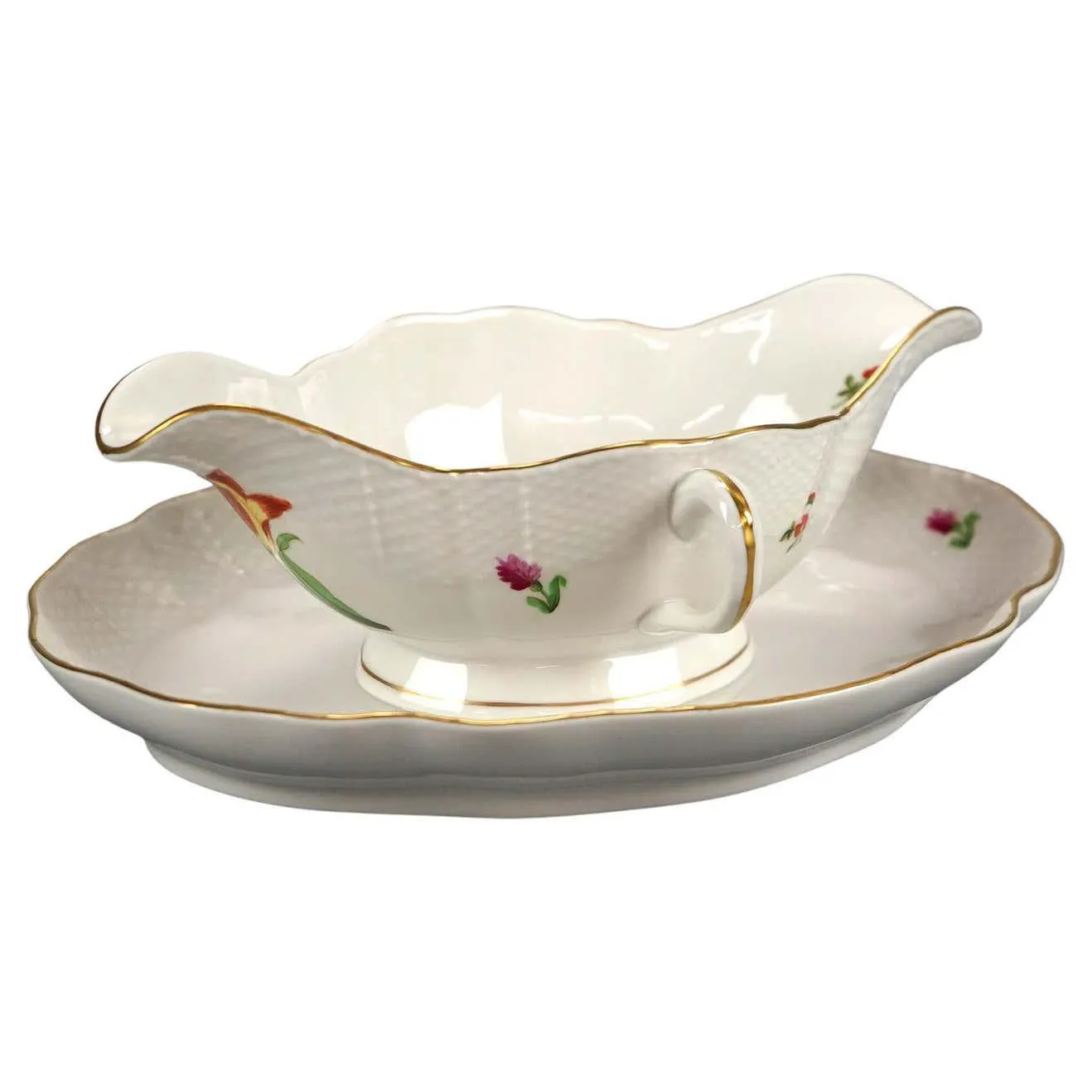 Herend Porcelain Double Handled Gravy Sauce Boat with Painted Flowers, 20th C