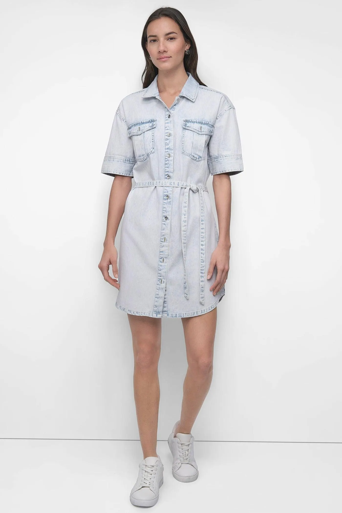 BELTED DENIM MINI SHIRT DRESS