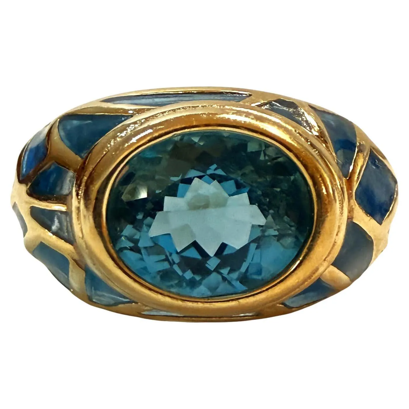 10k Yellow Gold 2.54 Carat London Blue Topaz & Diamond Cut Blue Enamel Ring