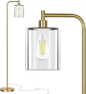 QiMH Glass Floor Lamp for Living Room, Modern Industrial Standing Lamp with Pedal Switch, 67” Tall Pole Lamp for Bedroom Study Room, Brushed Gold