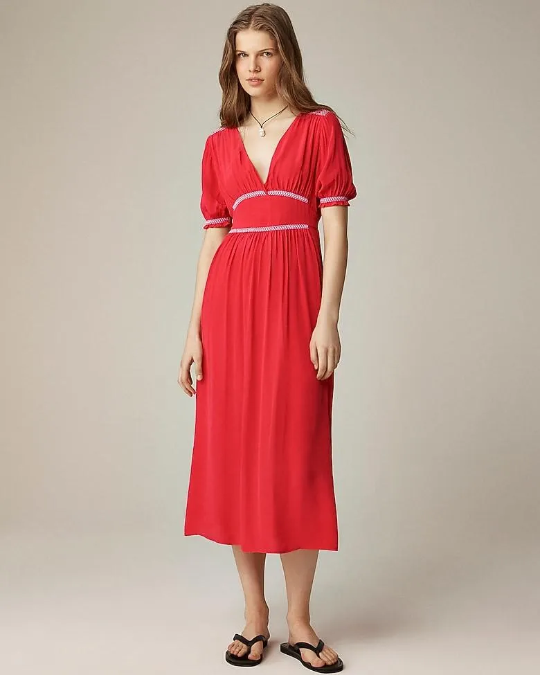 Petite smocked-trim maxi dress in crepe de chine