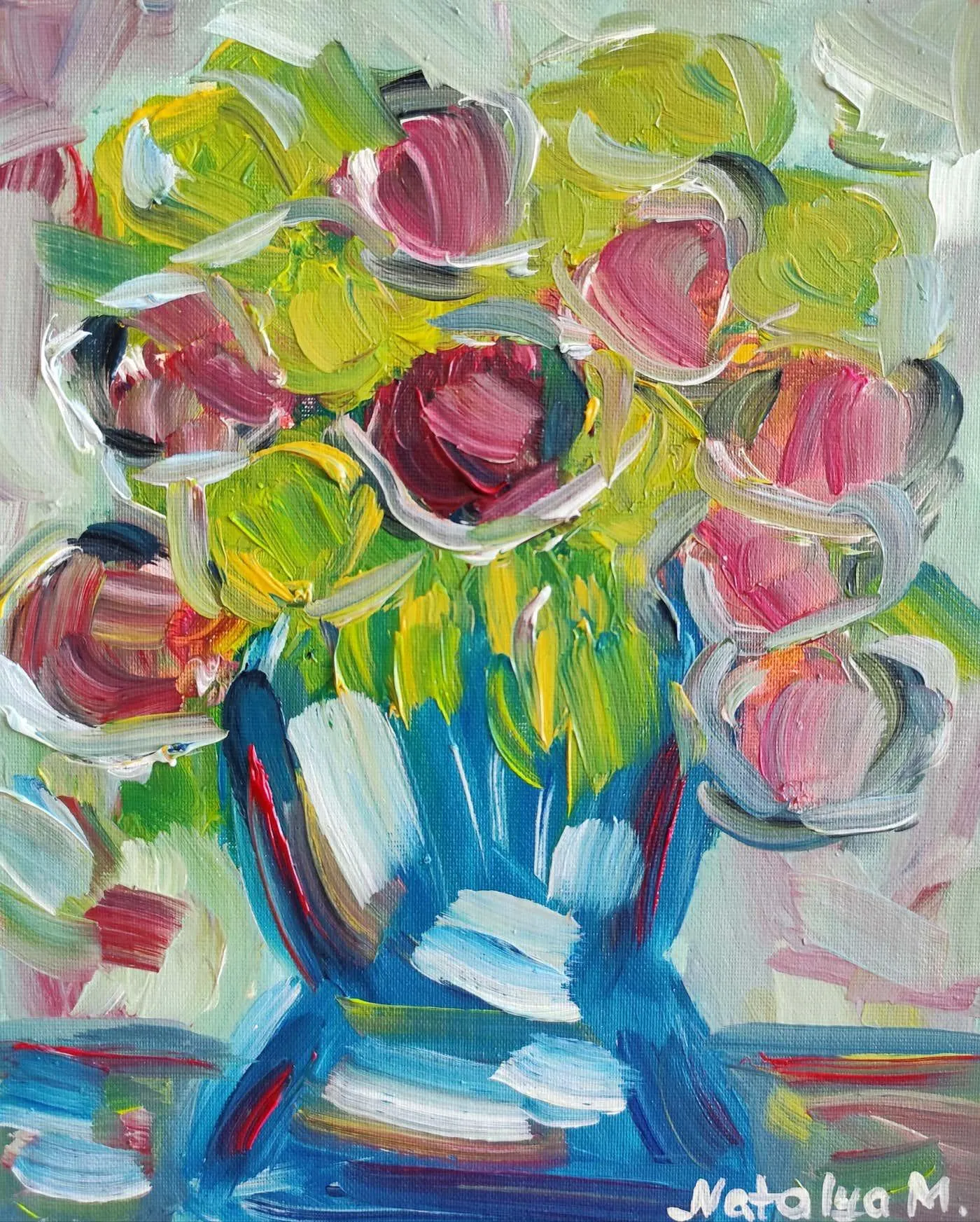 Mougenot Natalya Semi-abstract expressionist floral oil painting "Essence of Roses" on cardboard 2025