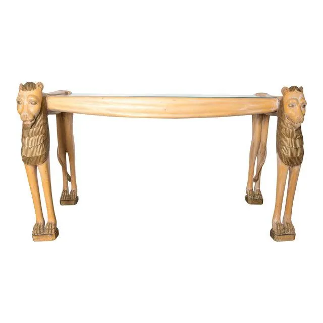 Vintage Carved Wood Egyptian Revival Lion Console Table
