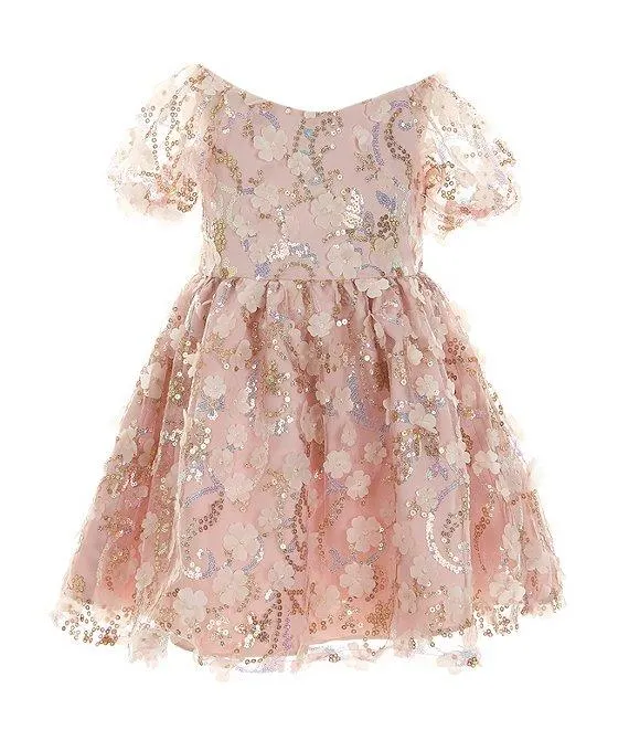 Little Girls Puffed Sleeve Sequin-Embellished Floral-Soutache Fit & Flare Dress