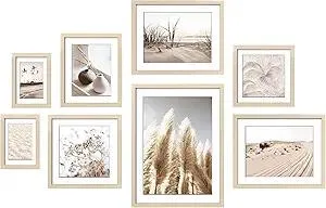 ArtbyHannah Gallery Wall Frame Set, 8 Pack Picture Frames Collage Wall Decor with Neutral Pampas Grass Art for Living Room, Assorted Size Including 11"x14", 8"x10", 5"x7"(Beige Frame)