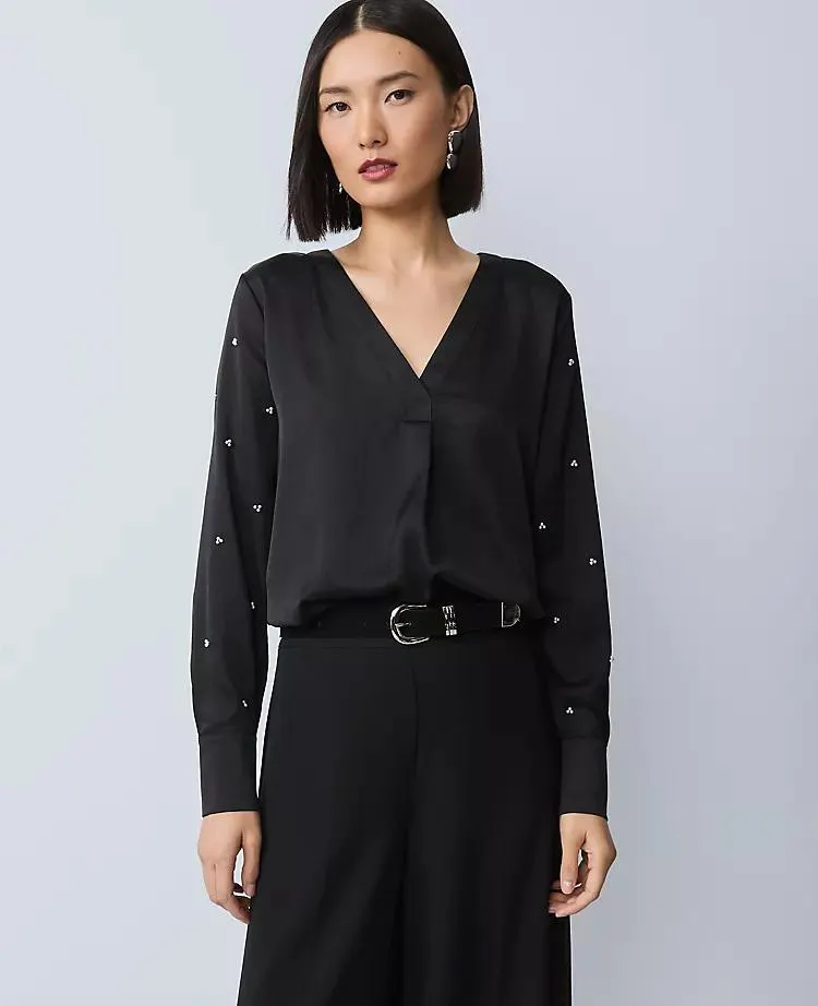 Pearl Embellished Mixed Media Top