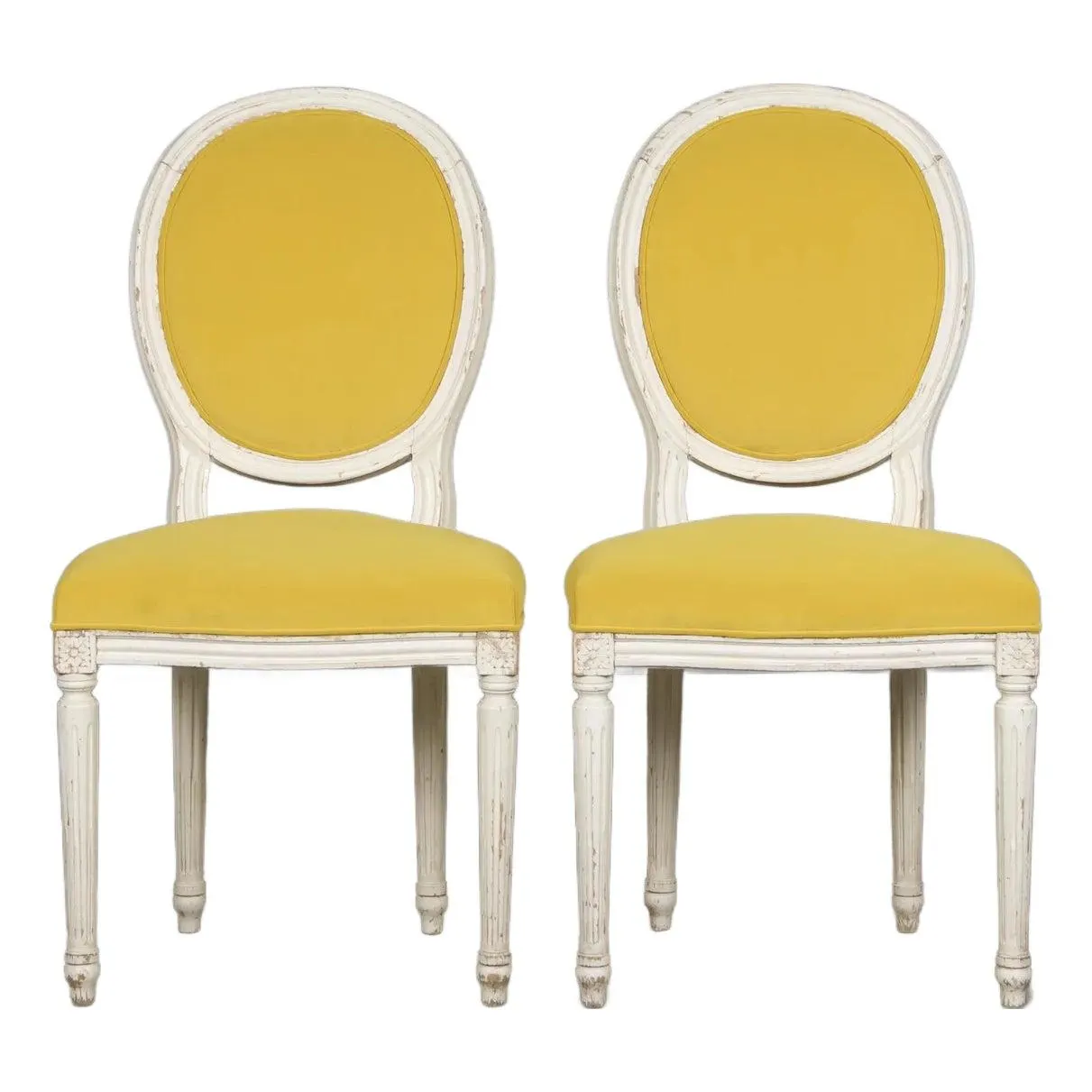 French Louis XVI Style Painted Side Chairs in Lemon Velvet - A Pair
