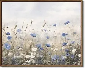 Vintage Floral Wall Art Blue White Flower Canvas Art Prints Wildflower Pictures Wall Decor Nature Landscape Oil Painting Framed Botanical Artwork for Girls Room Bedroom Farmhouse Decoration, 8x10 Inch