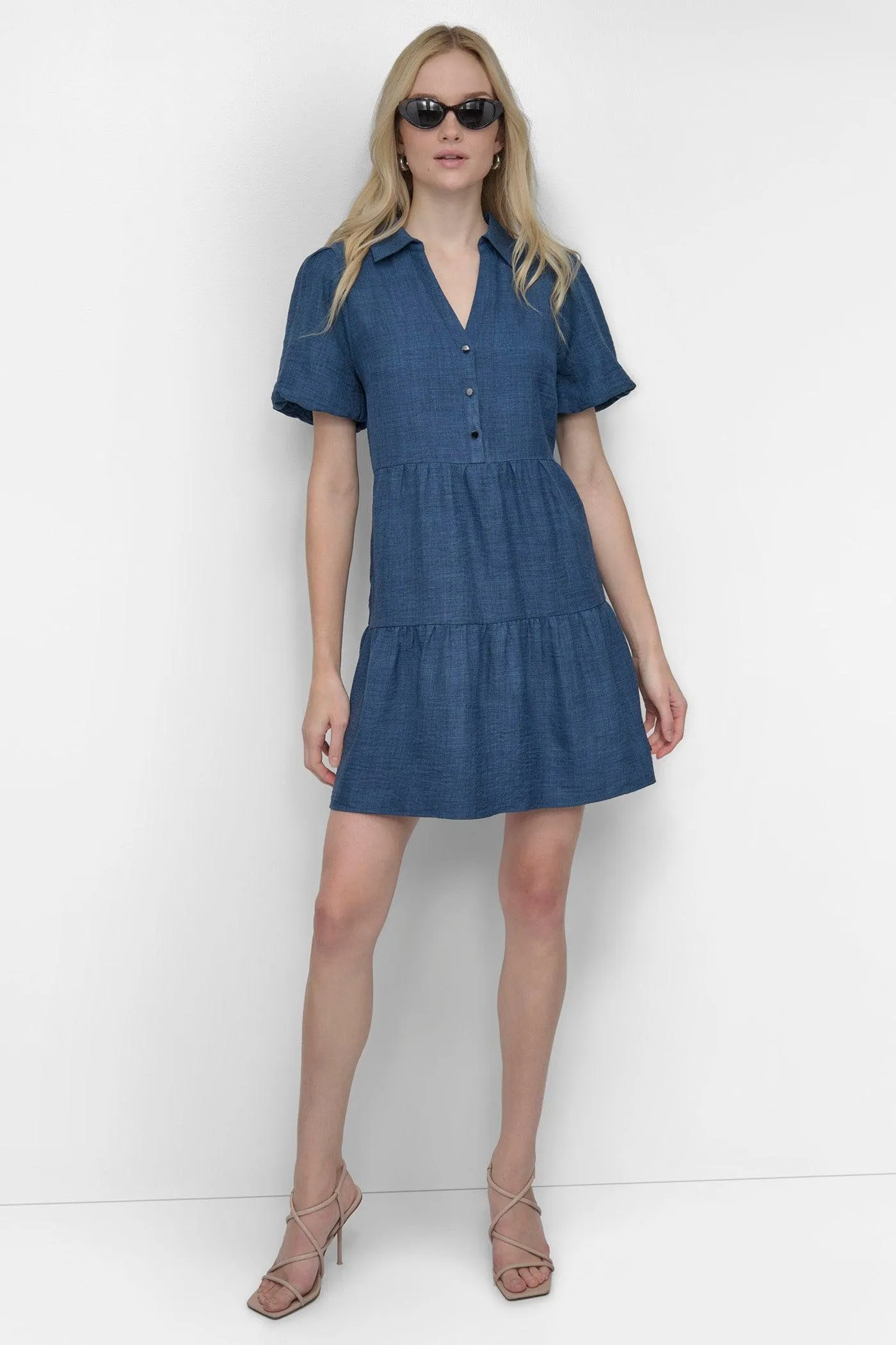 TIERED A-LINE MINI SHIRT DRESS