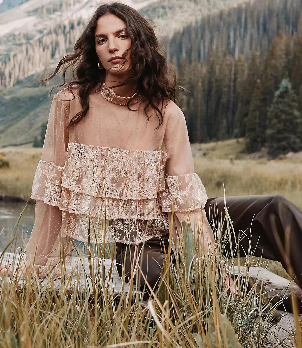 Velvet Dotted Chantilly Lace Ruffle Top