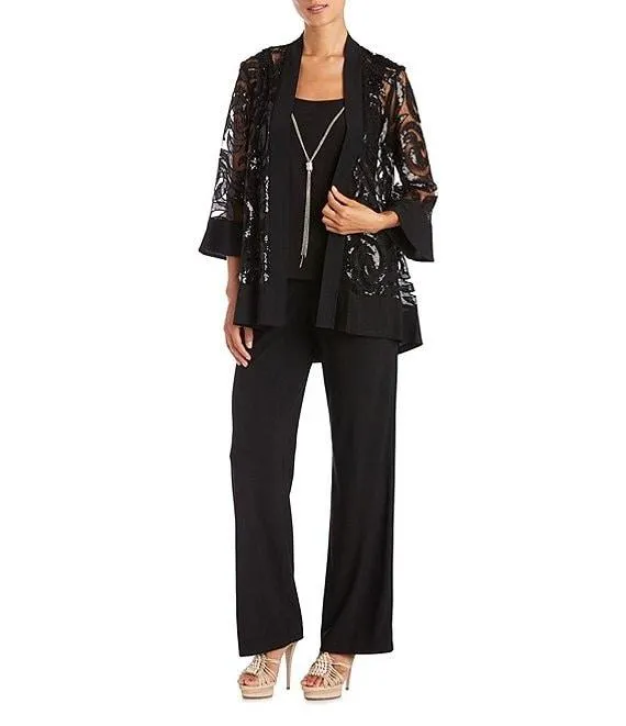 Swirl Sequin Scoop Neck 3/4 Sleeve Jacket 3-Piece Set