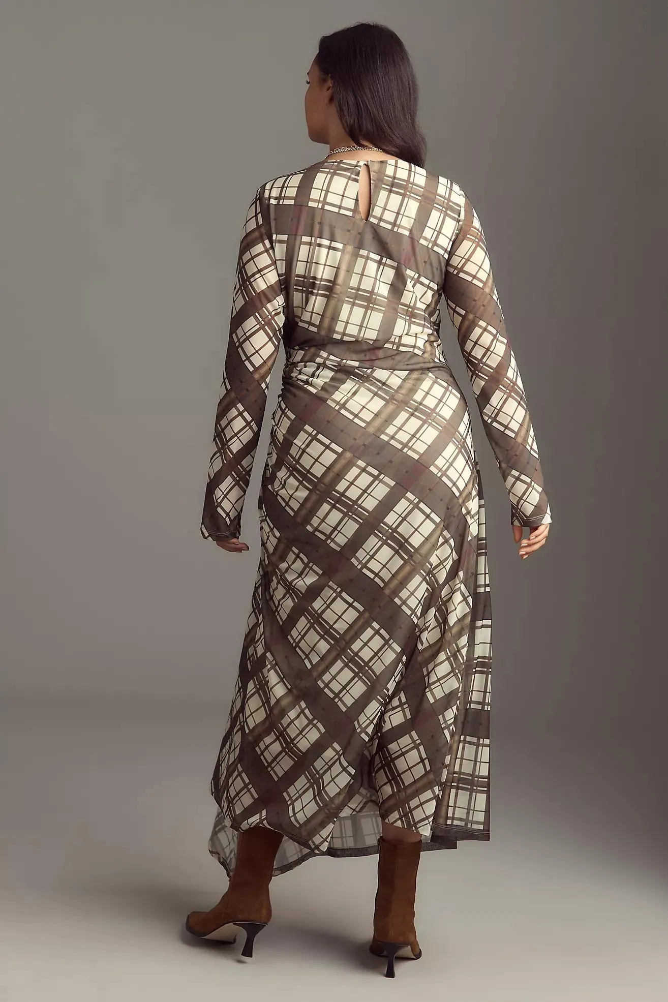 By Anthropologie Long-Sleeve Ruched Mesh Midi Dress