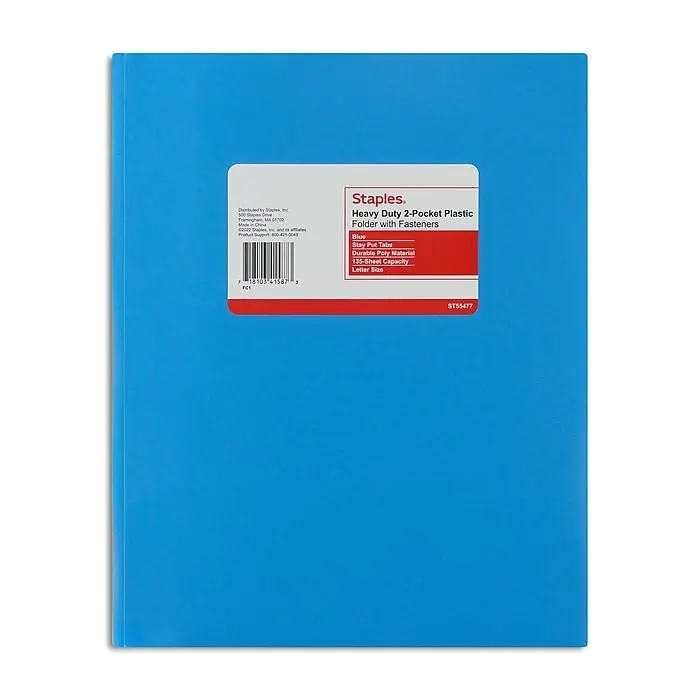 Staples Matte 2-Pocket Plastic Portfolio Folder with Fasteners, Blue (ST55477-CC)