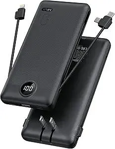 VRURC Portable Charger Built-in Cables and AC Wall Plug, USB C Power Bank 10000mAh, Travel Essentials Phone Charger Compact Lightweight External Battery Pack for Smart Phones, Tablets-Pure Black