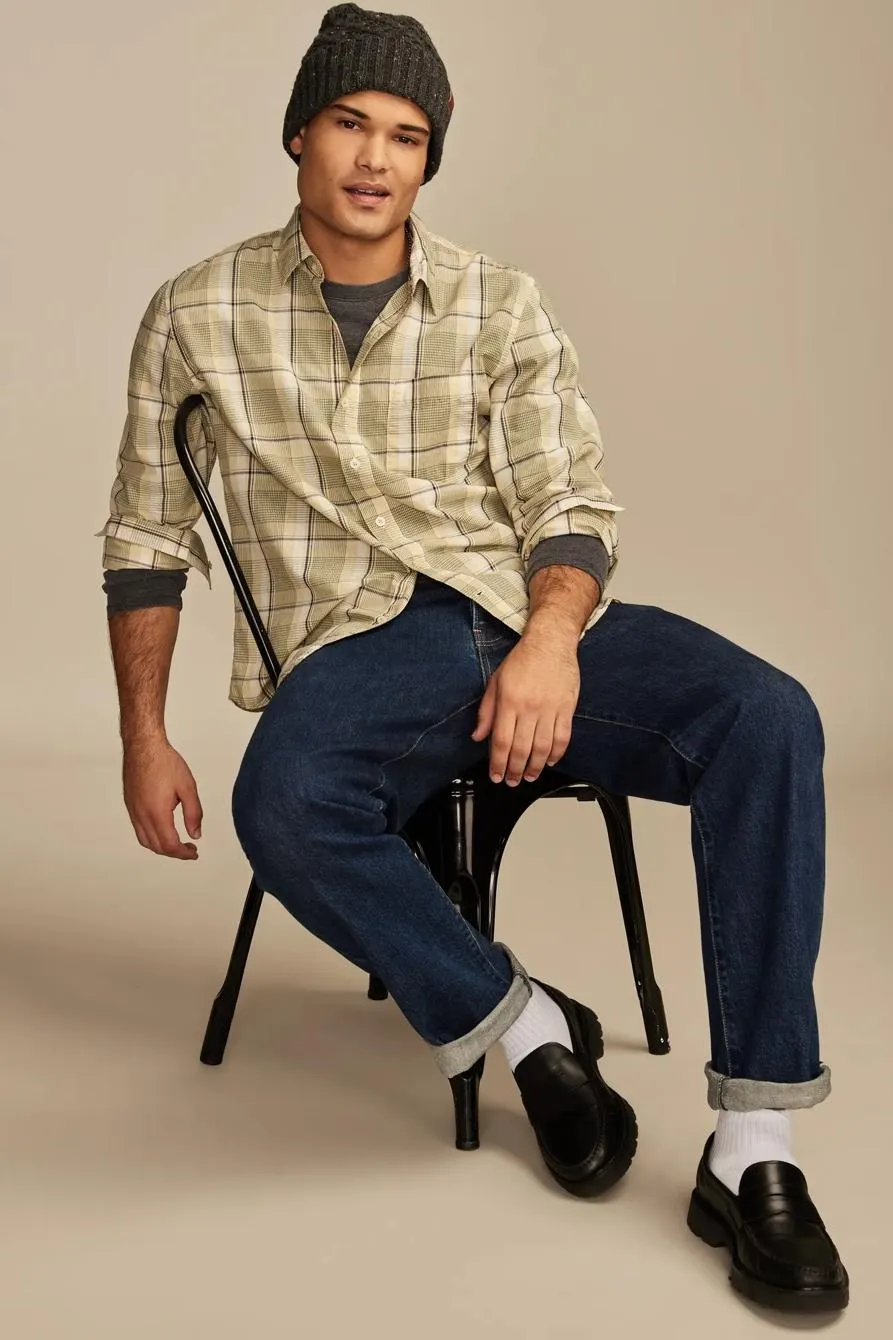 plaid one pocket poplin long sleeve shirt