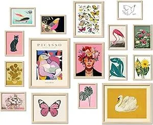 16 PCS Framed Eclectic Wall Art Decor, Modern Maximalist Home Gallery Wall Frame Set Prints for Bedroom Bathroom, Posters for Living Room Aesthetic, Colorful Dorm Artwork Collage Kit Pictures
