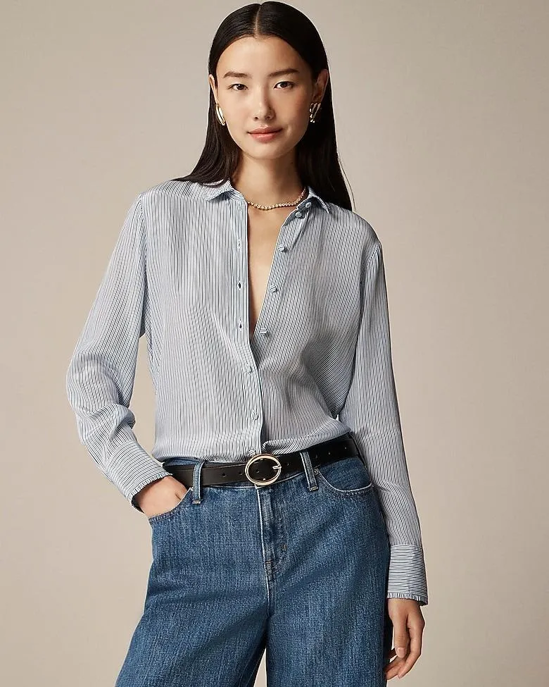 Removable tie-neck button-up shirt in striped crepe de chine