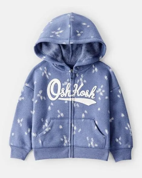 Baby Girl Heart Print DayDream Fleece Hooded Zip-Up Jacket - Blue