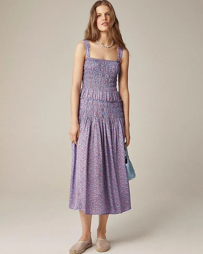 Smocked midi dress in summer fields print