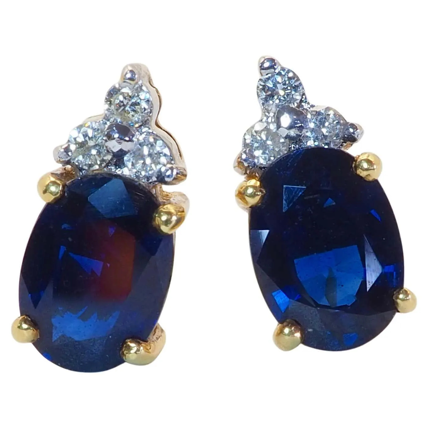 18K Gold 2.00ct Oval Deep Blue Sapphire & 0.10ct Diamond Stud Earrings