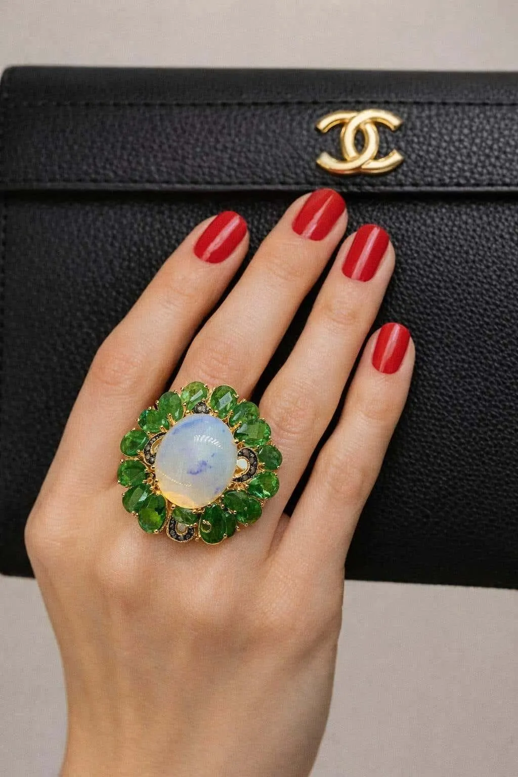 Bochic “Orient” Vintage Diamond, Emeralds & Fire Opal Ring Set In 18K Gold & Sil