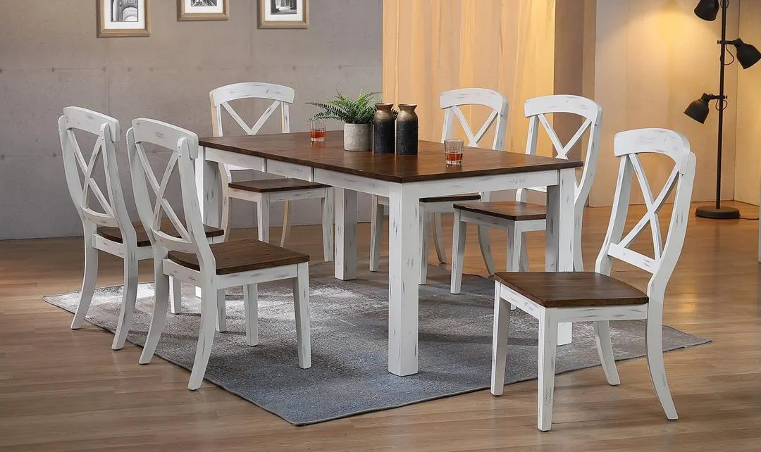 Iconic Furniture Parsons Distressed Cotton White & Cocoa Brown Transitional X-back 7-Piece Dining Set