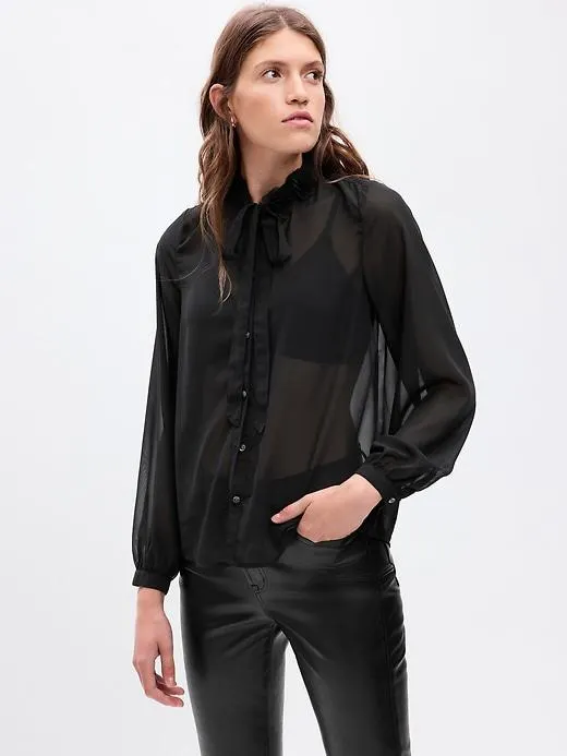 Sheer Tie-Neck Shirt