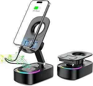 Wireless Induction Speaker,Cell Phone Stand with Wireless Bluetooth Speaker,5 in1 iPhone Holder with Colorful Light,Emergency Rechargeable Stand for Tablet iPhone Android Phone, Gifts for Men Women